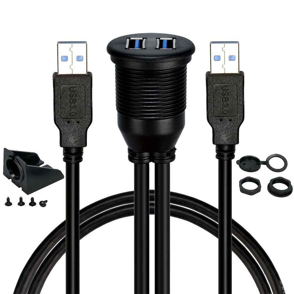 1m Flush Mount Dual USB Dock Adapter Dashboard Panel USB 3.0 Port Extension Cable