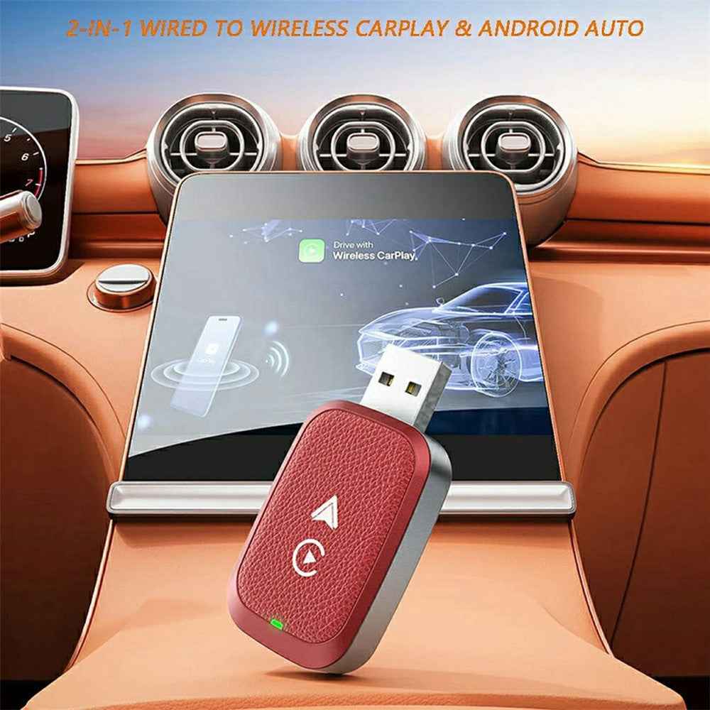 2-in-1 Android Auto and Carplay Adapter Wired to Wireless USB Smart Dongle - Red