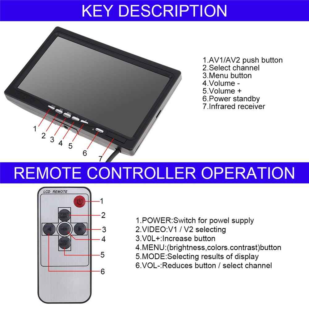 RH-701B 7" LCD Video Display Screen Monitor Rear View Backup Car 4-LED Camera Parking and Reverse System Kit