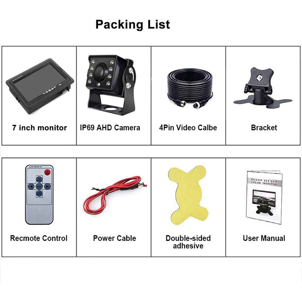 RH-701C 7" LCD Video Display Screen Rear View Monitor 8-LED Camera Parking and Reverse System Kit with 15m Video Cable