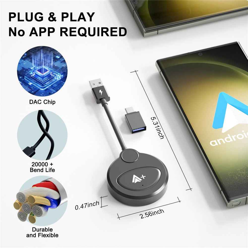 020-6++ Android Auto Wireless Adapter Instant Connection Wired to Wireless USB Dongle - Black