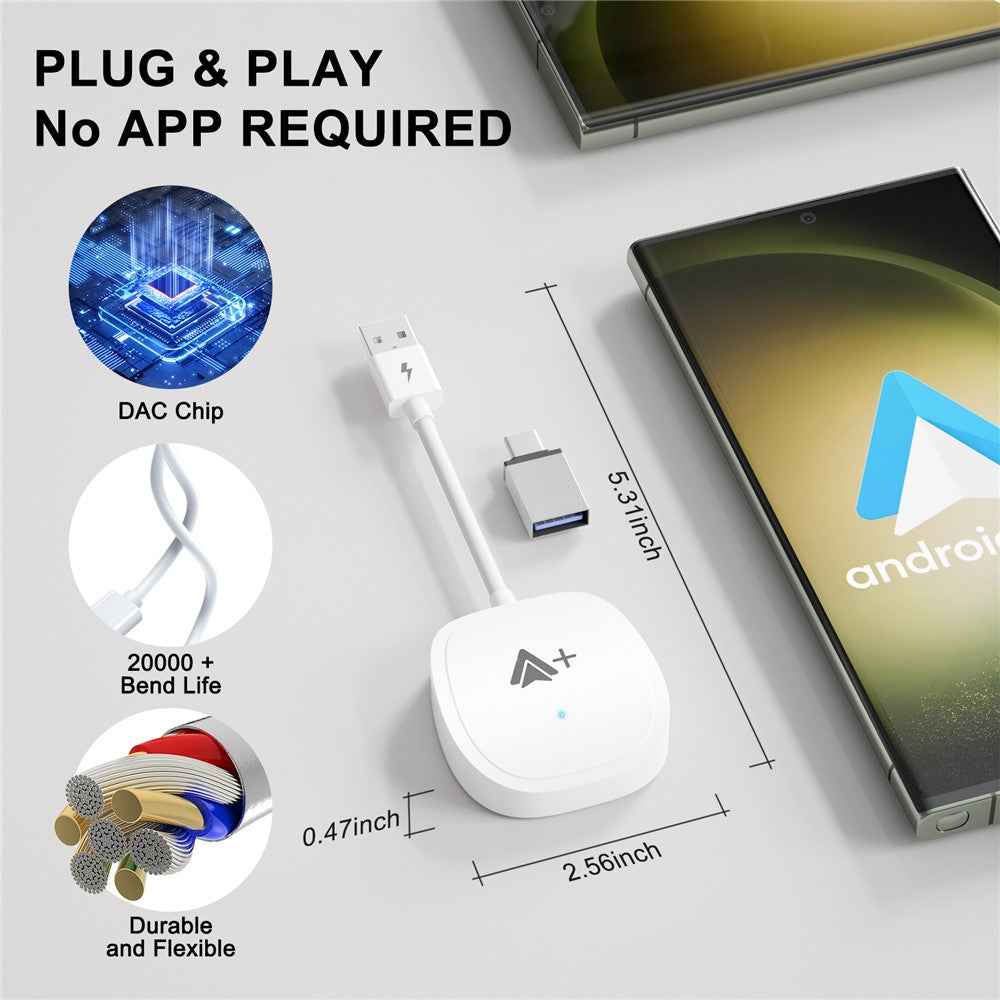 020-7++ Wireless Android Auto Adapter Video Streaming Wired to Wireless USB Dongle - White