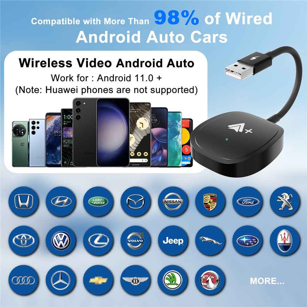 020-7++ Wireless Android Auto Adapter Video Streaming Wired to Wireless USB Dongle - Black