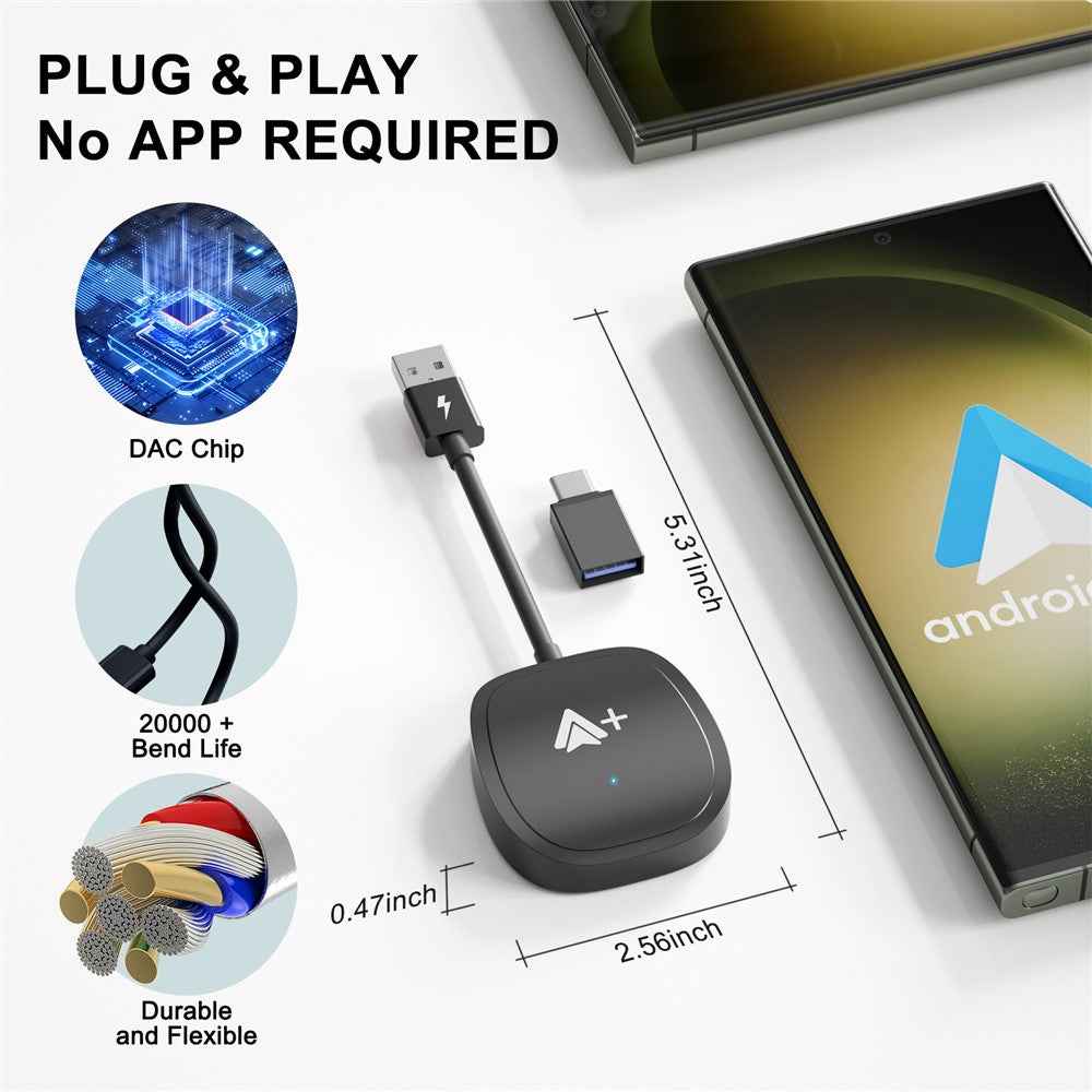 020-7++ Wireless Android Auto Adapter Video Streaming Wired to Wireless USB Dongle - Black