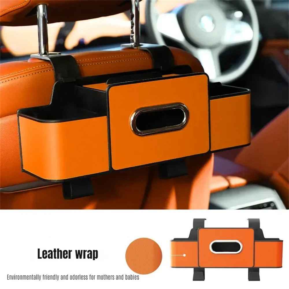Car Seat Back Multi-Function Storage Organizer Leather+ABS Tissue Box Cup Holder with Hooks - Orange