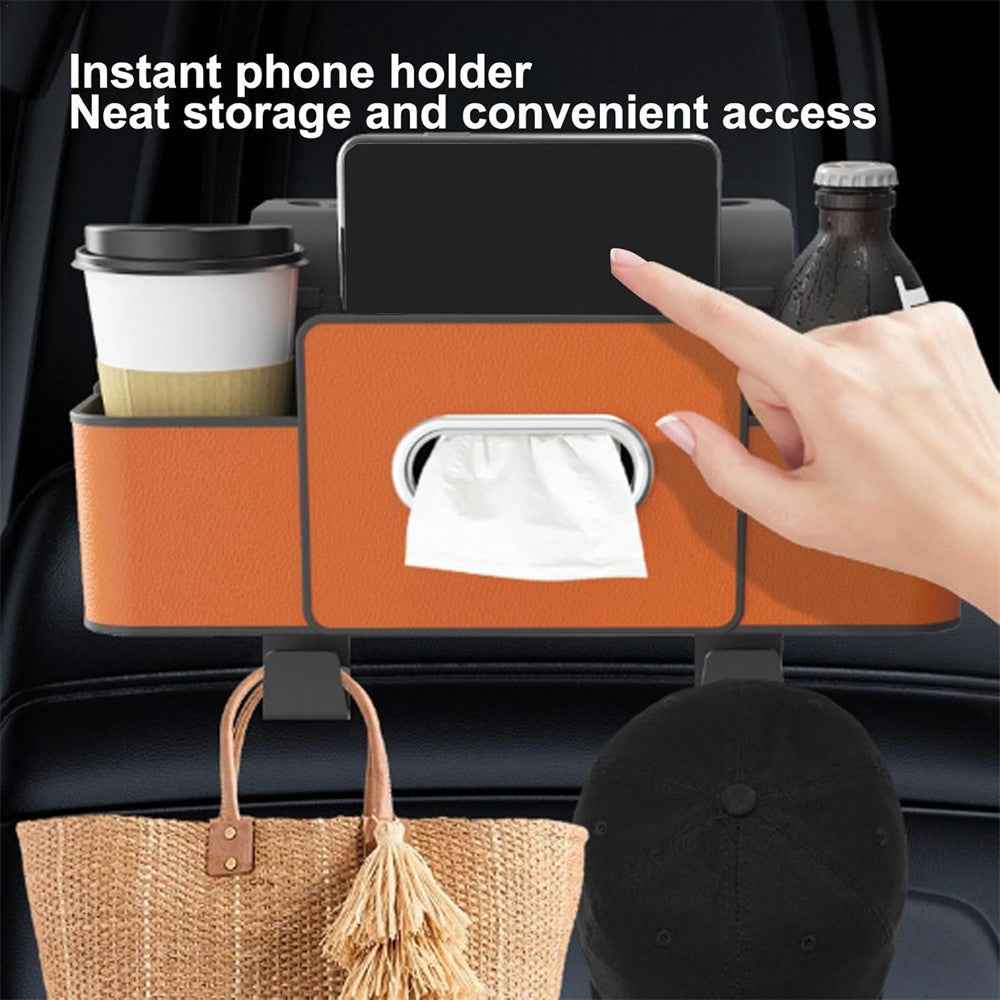 Car Seat Back Multi-Function Storage Organizer Leather+ABS Tissue Box Cup Holder with Hooks - Orange