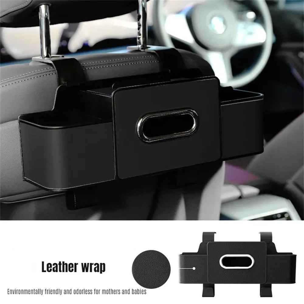 Car Seat Back Multi-Function Storage Organizer Leather+ABS Tissue Box Cup Holder with Hooks - Matte Black
