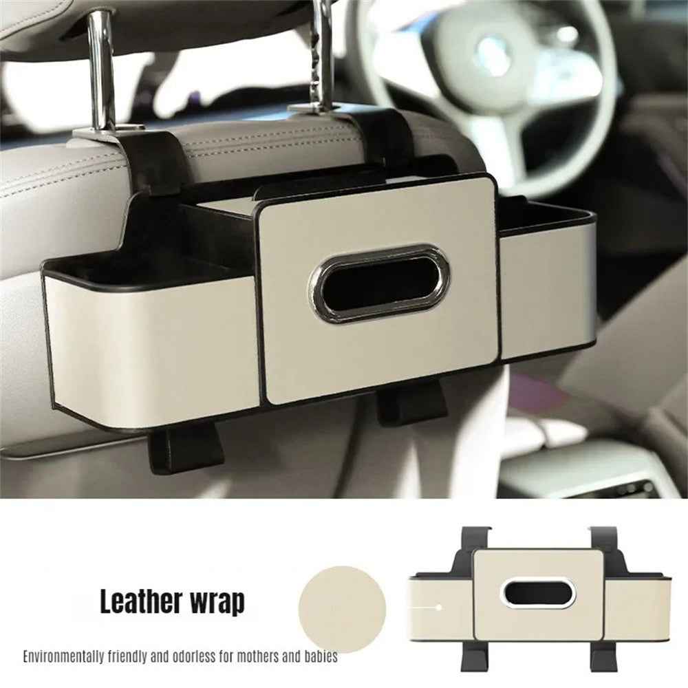 Car Seat Back Multi-Function Storage Organizer Leather+ABS Tissue Box Cup Holder with Hooks - Beige