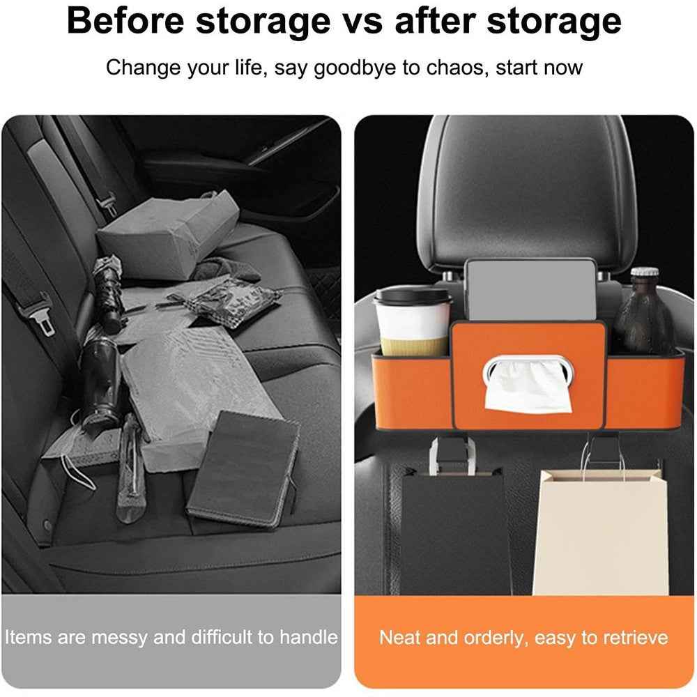 Car Seat Back Multi-Function Storage Organizer Leather+ABS Tissue Box Cup Holder with Hooks - Beige