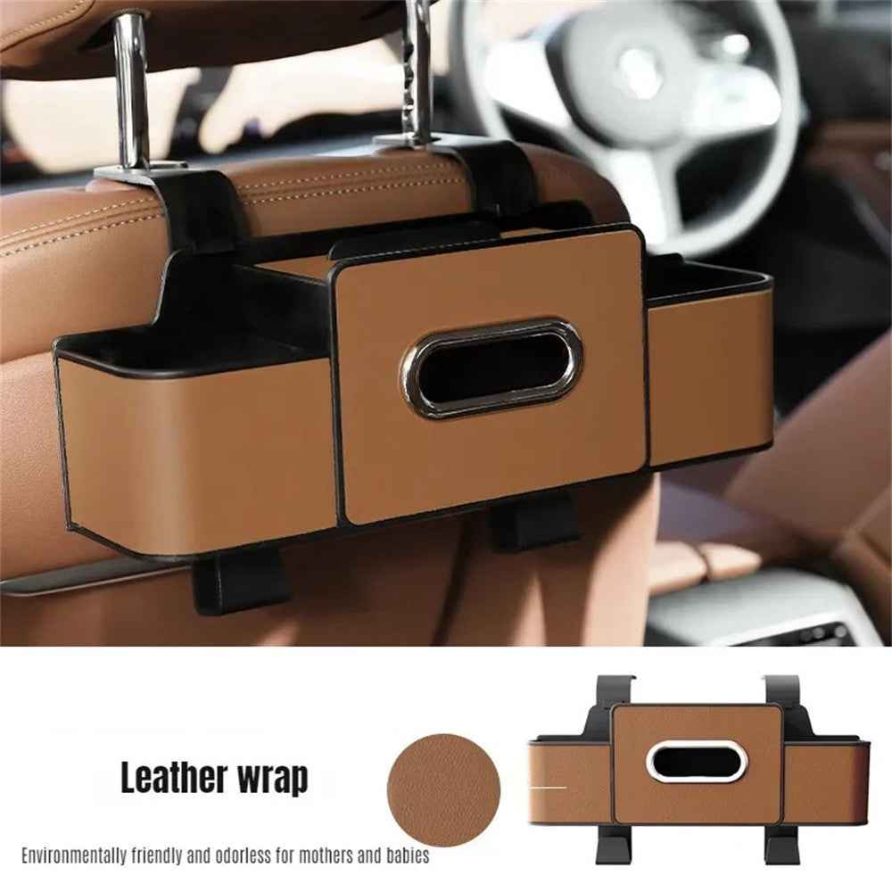 Car Seat Back Multi-Function Storage Organizer Leather+ABS Tissue Box Cup Holder with Hooks - Brown