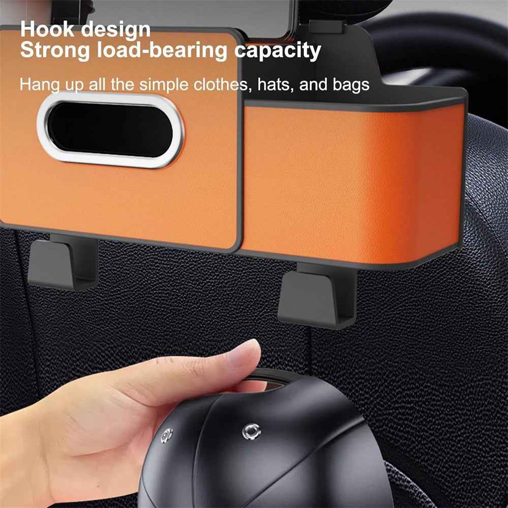 Car Seat Back Multi-Function Storage Organizer Leather+ABS Tissue Box Cup Holder with Hooks - Brown