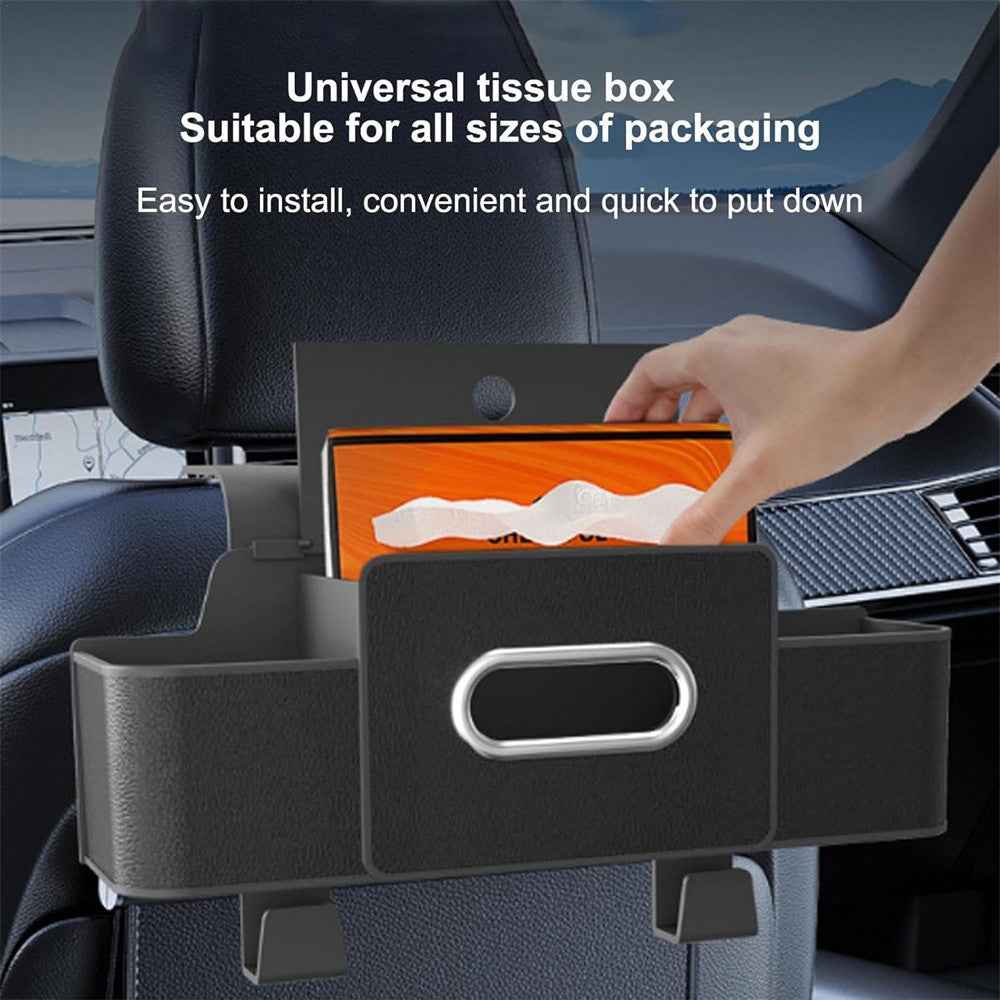 Car Seat Back Multi-Function Storage Organizer Leather+ABS Tissue Box Cup Holder with Hooks - Brown