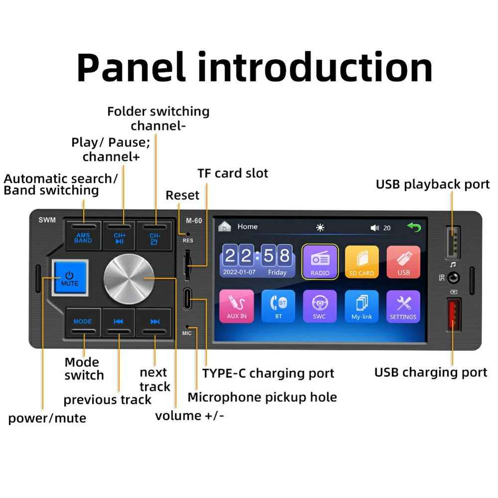 M-60 4.1-inch HD Touchscreen Car MP5 Player Bluetooth-compatible Dual USB Reverse Image Player