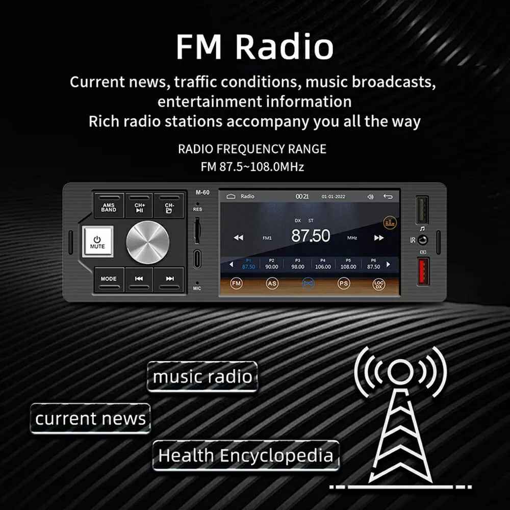 FM60 4.1-inch Digital Screen Single Din Bluetooth-compatible Audio Carplay FM Radio Receiver MP5 Player
