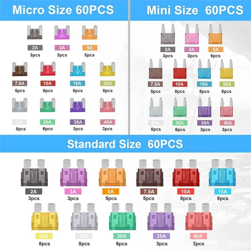 180Pcs Car Fuse Assortment Kit Mini  /  Standard  /  Micro Zinc Blade Fuses With Puller Tool and Storage Box