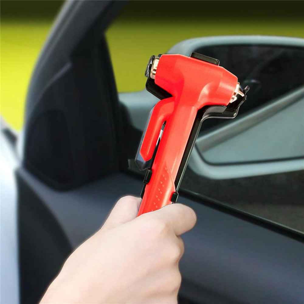 Car Safety Hammer with Seat Belt Cutter Window Breaker Long Handle Emergency Escape Tool - Red