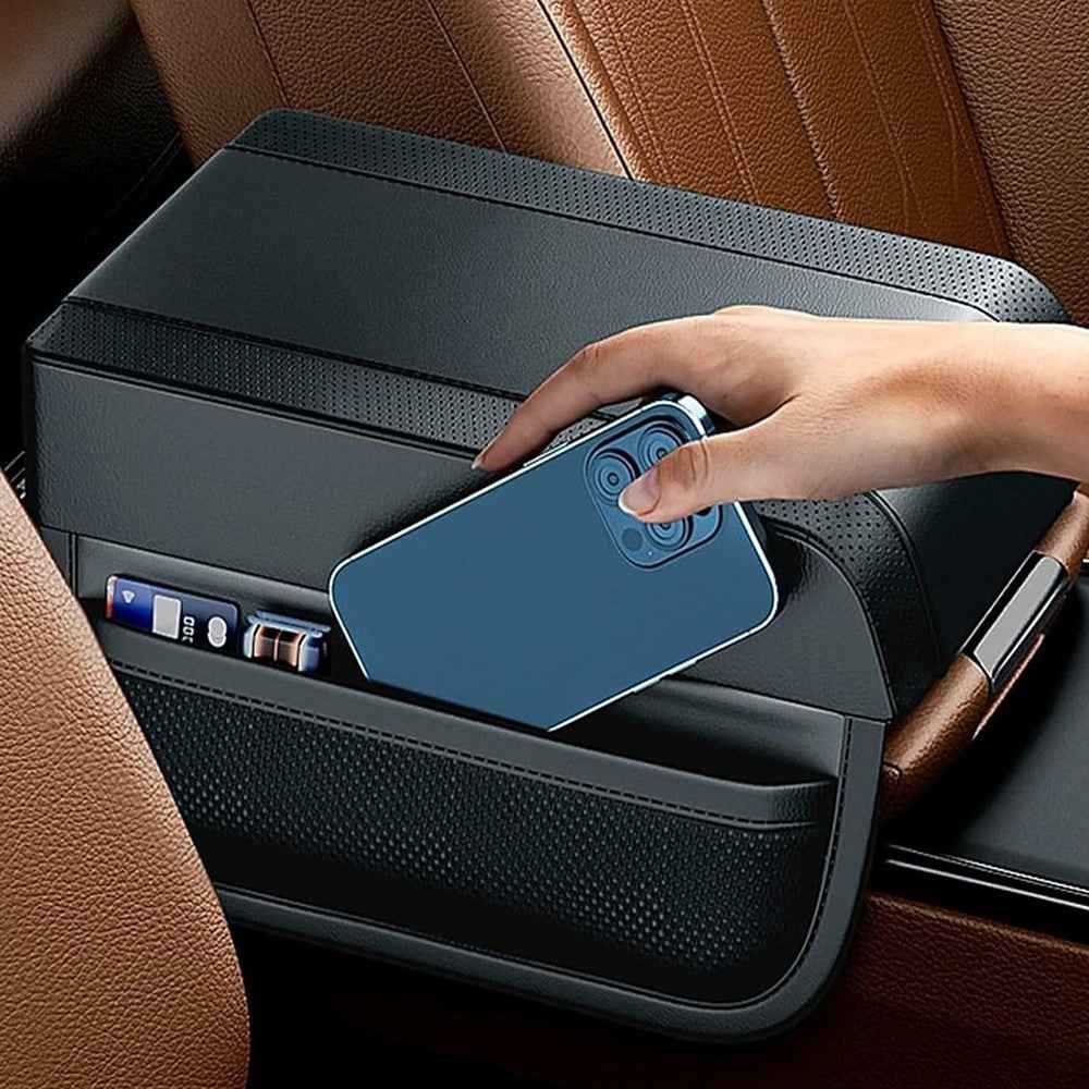 PU Leather Car Armrest Booster Pad Universal Center Console Cushion Memory Foam Elbow Support - Black