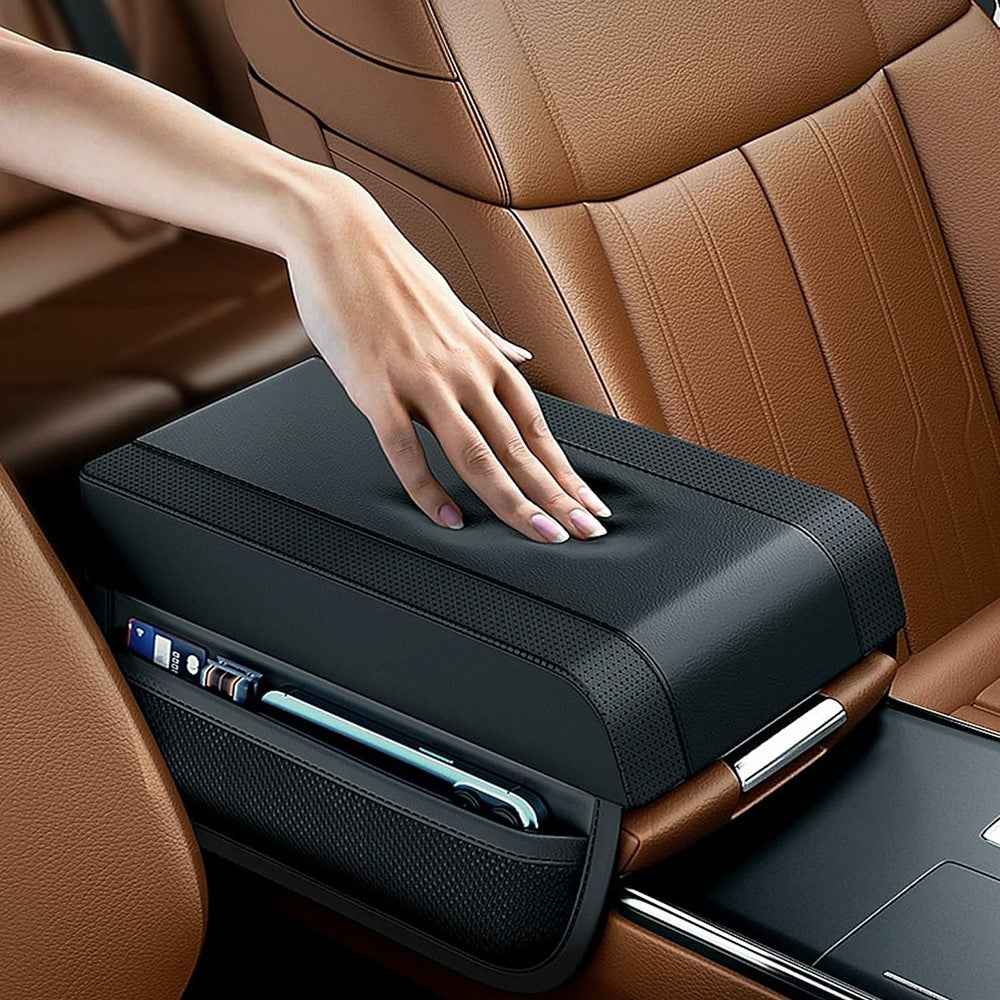 PU Leather Car Armrest Booster Pad Universal Center Console Cushion Memory Foam Elbow Support - Dark Brown