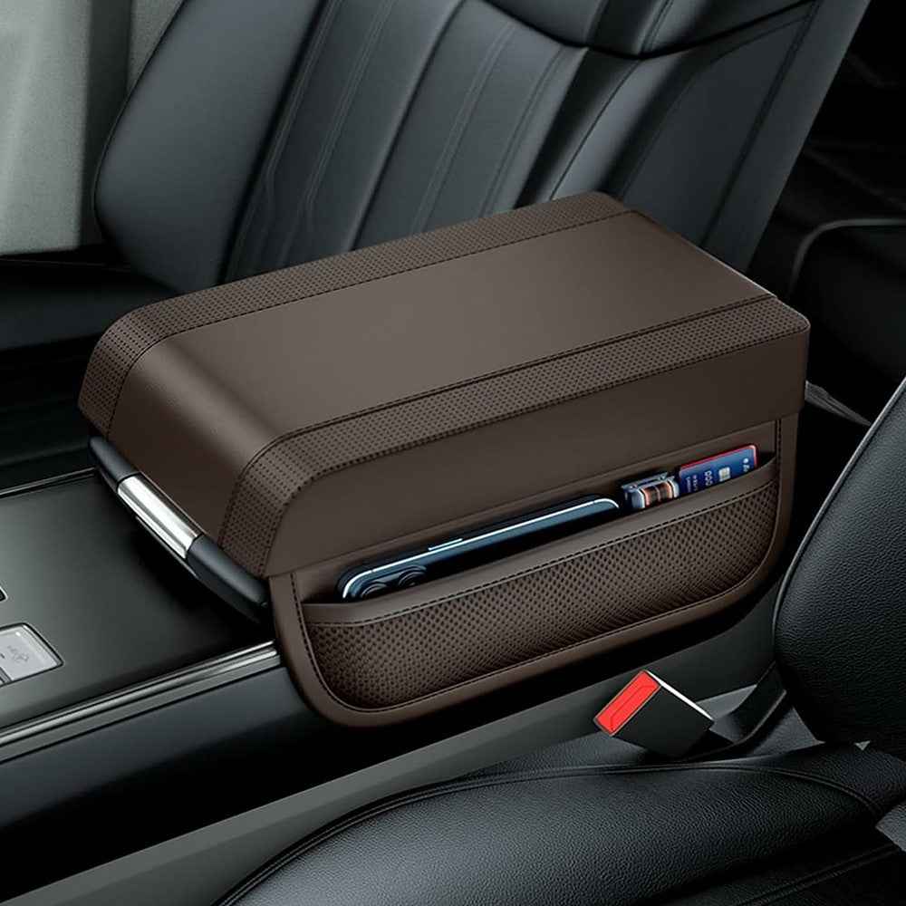 PU Leather Car Armrest Booster Pad Universal Center Console Cushion Memory Foam Elbow Support - Dark Brown