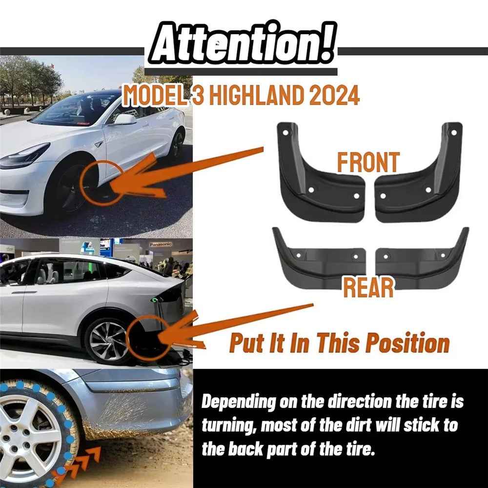4Pcs / Set For Tesla Model 3 2024 Mud Fenders TPE Front and Rear Replacement Splash Guards