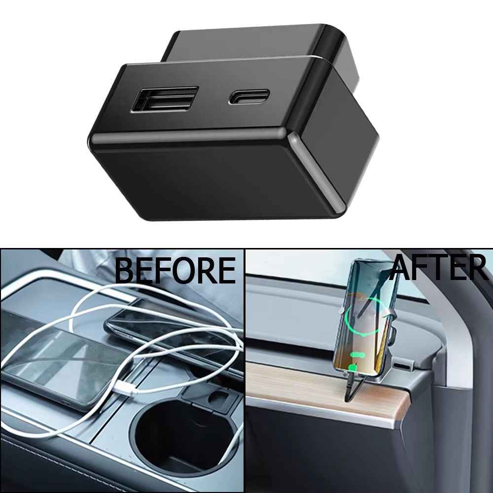 For Tesla Model 3  /  Y OBD Car Charger Dual Port Hidden PD Fast Charging Expansion Dock