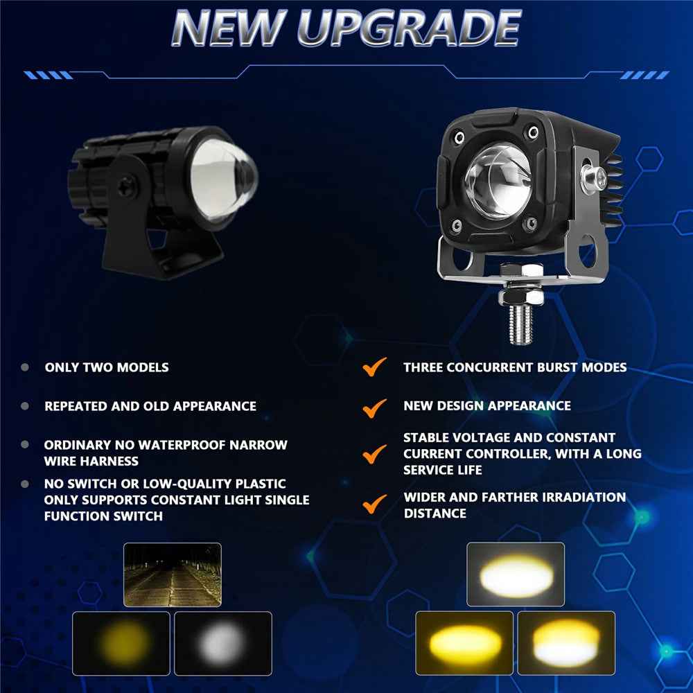 2Pcs Motorcycle LED Spotlight IP68 Waterproof High Low Beam Headlight for Off Road Electric Vehicles