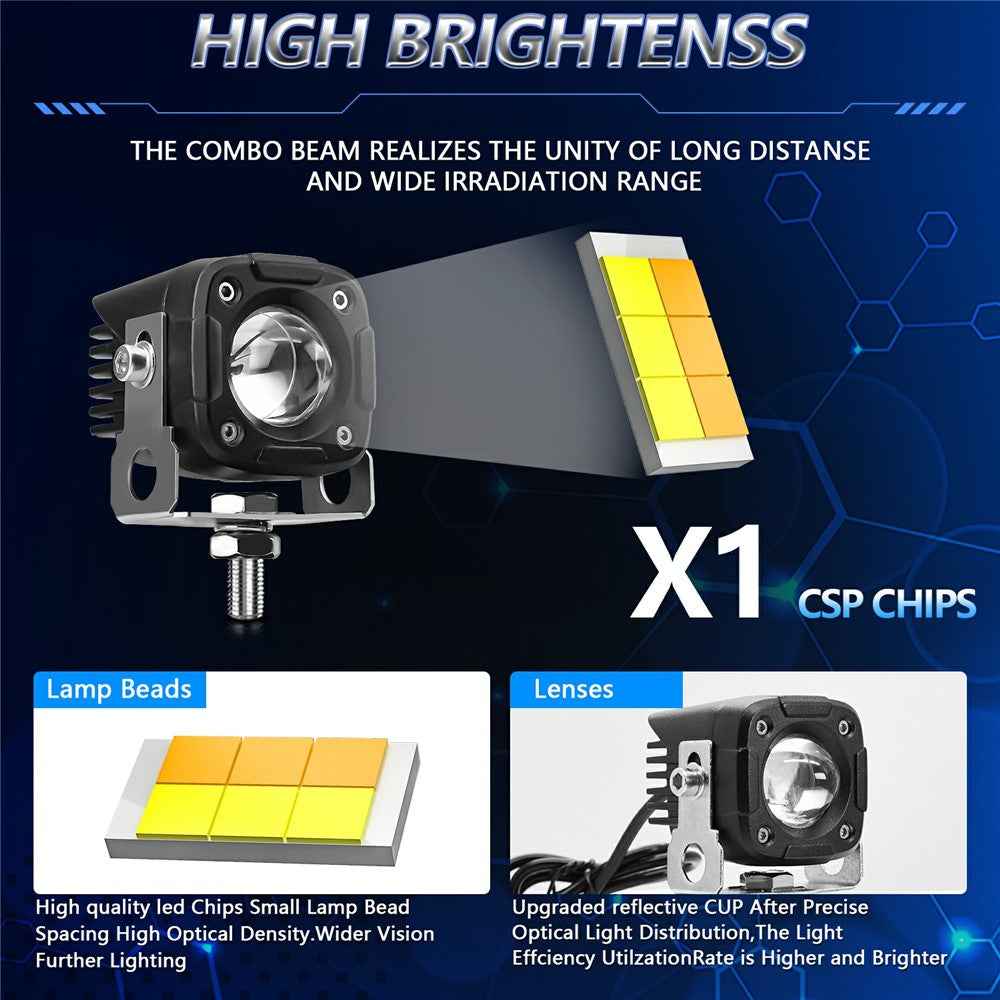 2Pcs Motorcycle LED Spotlight IP68 Waterproof High Low Beam Headlight for Off Road Electric Vehicles