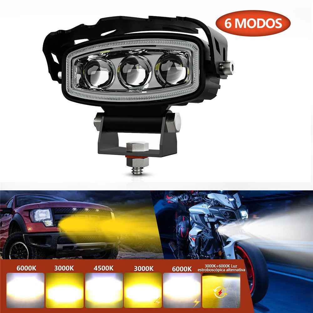 Motorcycle LED Headlight 3 Lens 6 Modes High Low Beam Spotlight Off Road Electric Vehicle Work Light