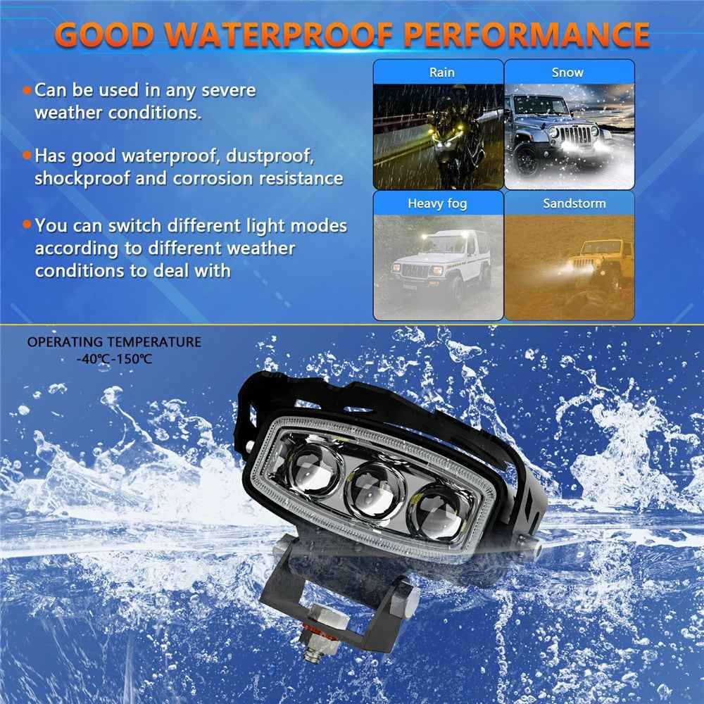 Motorcycle LED Headlight 3 Lens 6 Modes High Low Beam Spotlight Off Road Electric Vehicle Work Light