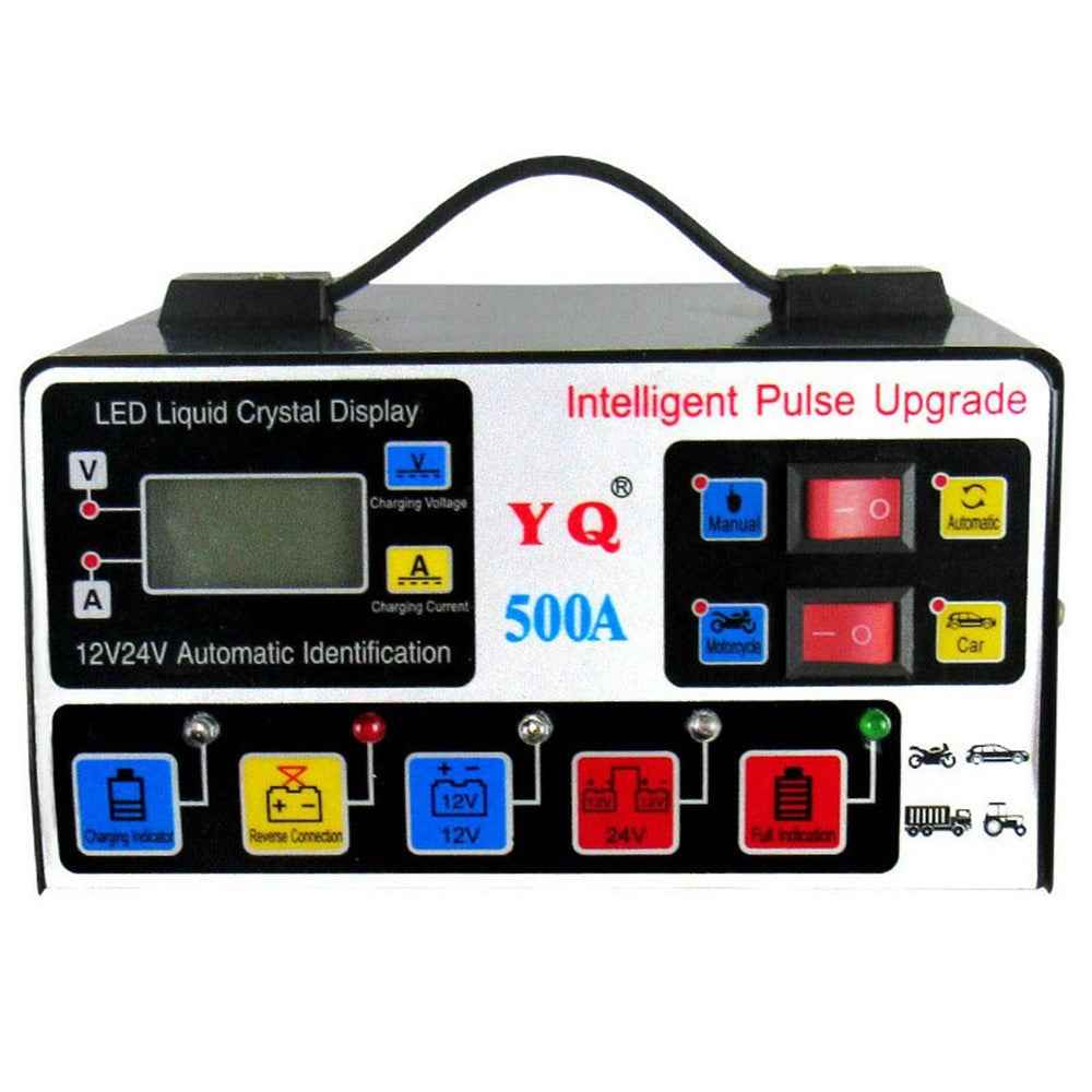 YQ500A 12V  /  24V 500A Intelligent Pulse Repair Motorcycle Car Battery Charger for Lead Acid  /  Lithium Batteries , EU Plug