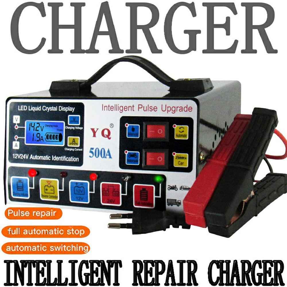 YQ500A 12V  /  24V 500A Intelligent Pulse Repair Motorcycle Car Battery Charger for Lead Acid  /  Lithium Batteries , EU Plug