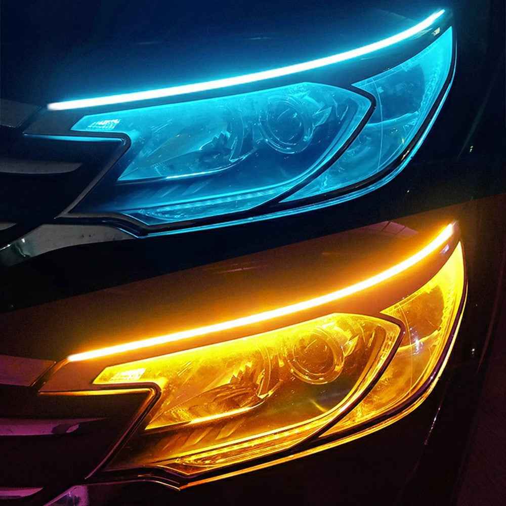 2Pcs 60cm Car LED Atmosphere Light Strip Flexible Silicone Daytime Running Light Ice Blue Turn Yellow