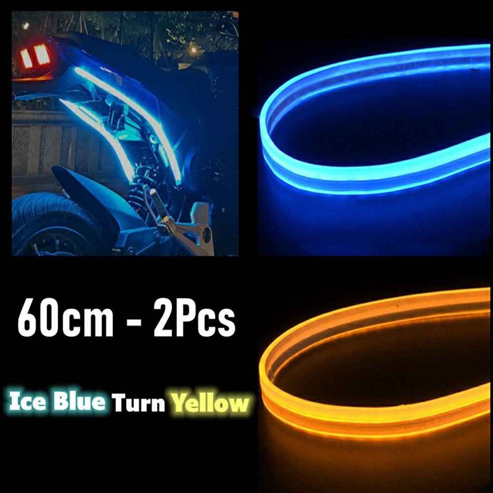 2Pcs 60cm Car LED Atmosphere Light Strip Flexible Silicone Daytime Running Light Ice Blue Turn Yellow