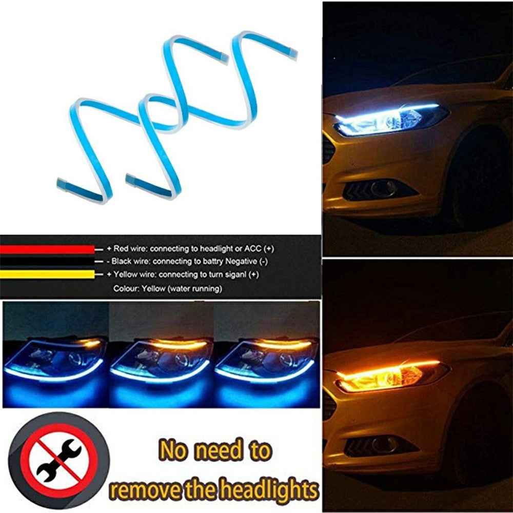 2Pcs 60cm Car LED Atmosphere Light Strip Flexible Silicone Daytime Running Light Ice Blue Turn Yellow
