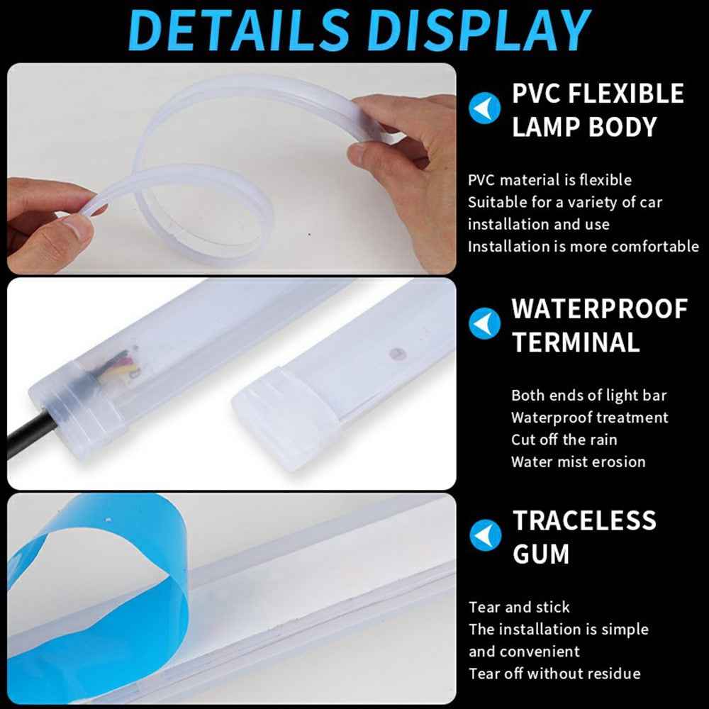 2Pcs 60cm Car LED Atmosphere Light Strip Flexible Silicone Daytime Running Light Ice Blue Turn Yellow