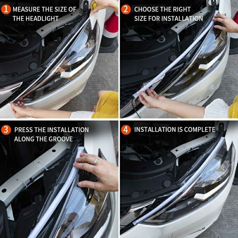 2Pcs 60cm Car LED Atmosphere Light Strip Flexible Silicone Daytime Running Light Ice Blue Turn Yellow