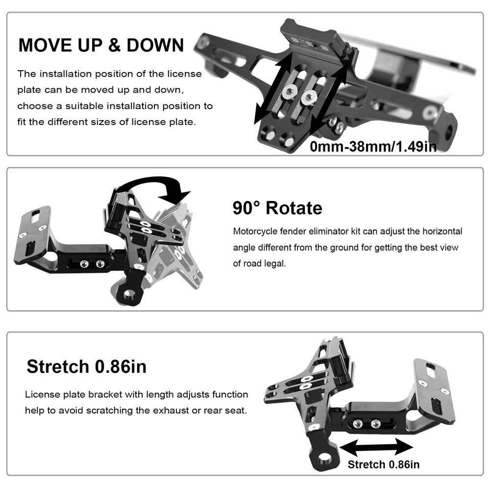 CNC Aluminum Alloy Adjustable Motorcycle License Plate Holder Bracket with LED Tail Light Kit