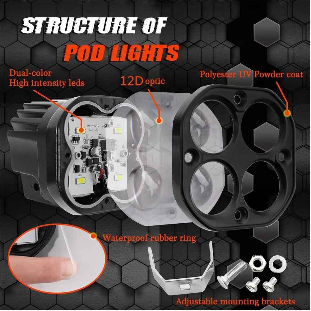 D2 30W Square Spotlight Yellow and White Dual Color Motorcycle LED Work Light 12V / 24V Off Road Fog Lamp
