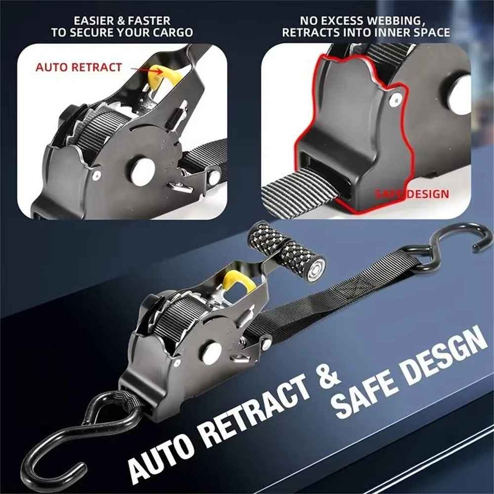 3.3m Automatic Retractable Tie Down Strap Luggage Securing Belt for Car Motorcycle Self-Driving Tour - Black Electrophoretic Coating