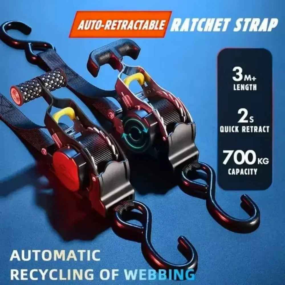 3.3m Automatic Retractable Tie Down Strap Luggage Securing Belt for Car Motorcycle Self-Driving Tour - Rubber Coated Black Electrophoretic Coating