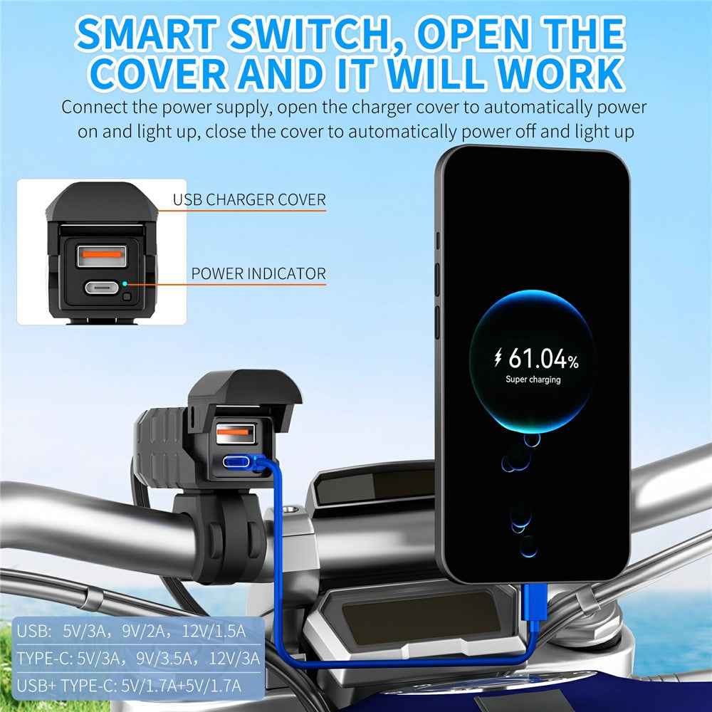 WUPP CS-2100A1 USB A + Type C Dual Port Fast Charging Motorcycle Phone Charger with LED Voltmeter