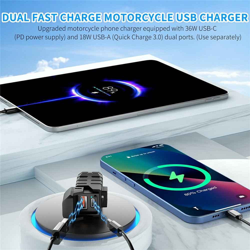 WUPP CS-2100A1 USB A + Type C Dual Port Fast Charging Motorcycle Phone Charger with LED Voltmeter