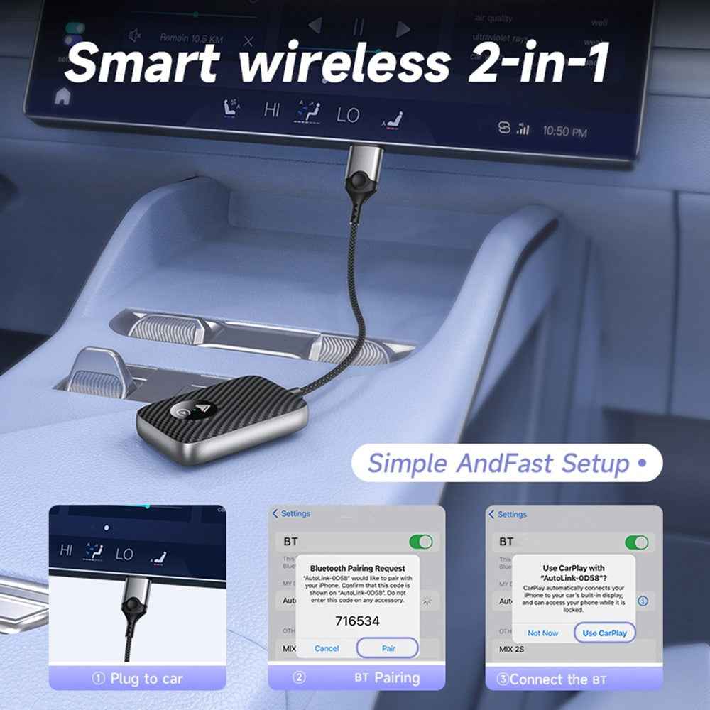 2 in 1 Wireless CarPlay Android Auto Adapter Cars Upgrade Wired to Wireless CarPlay Dongle - Black