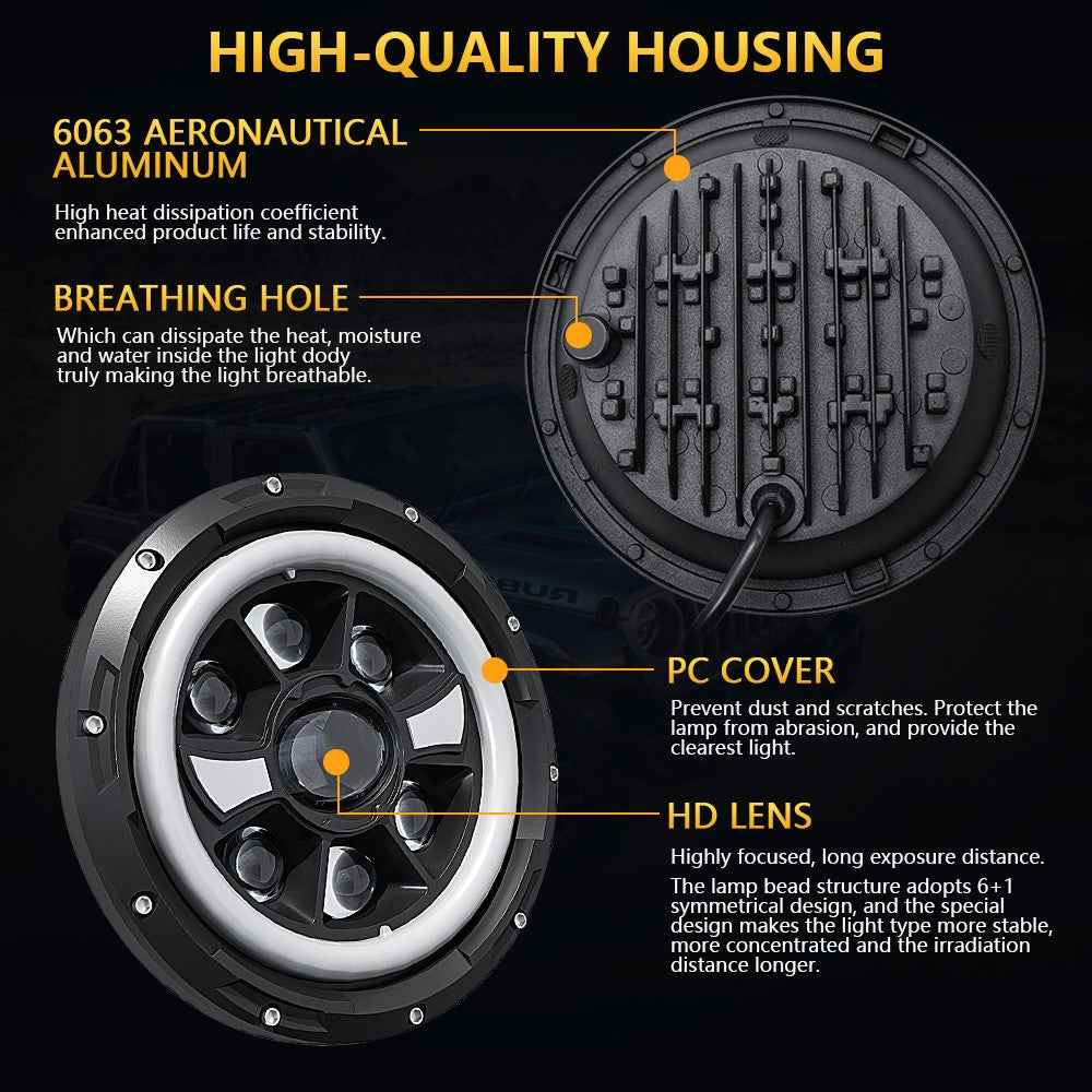 R9 Dual Angel Eye 7 Inch H4 LED Headlight IP67 Waterproof High Low Beam Car Driving Lamp with Connection Cable
