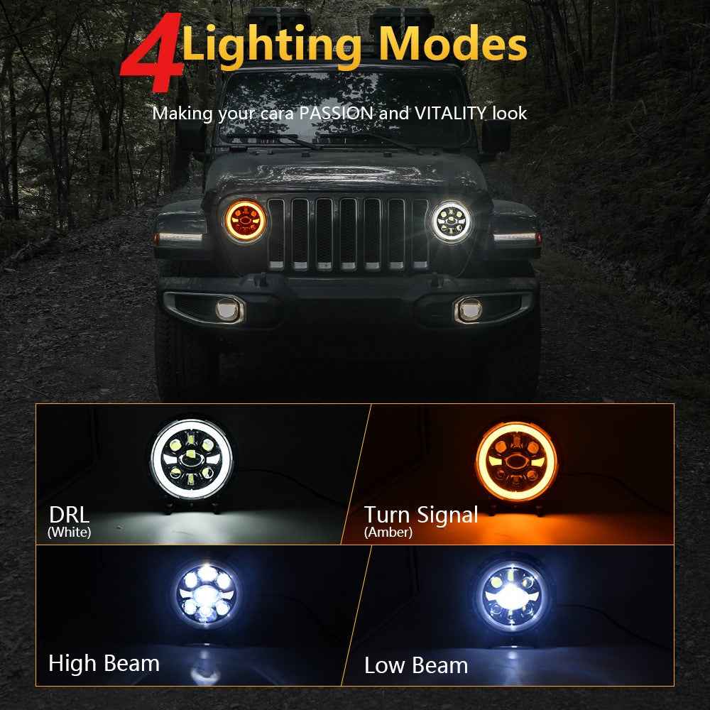 R9 Dual Angel Eye 7 Inch H4 LED Headlight IP67 Waterproof High Low Beam Car Driving Lamp with Connection Cable