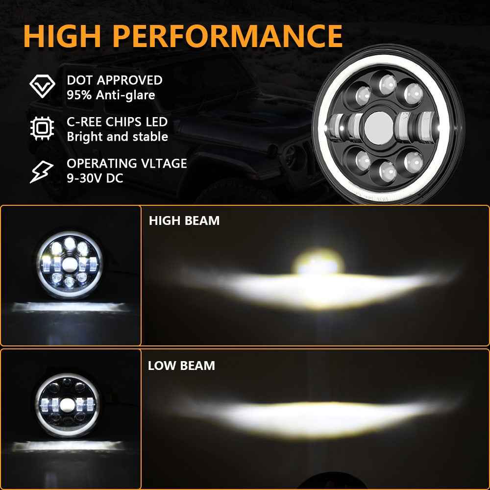 R7 Dual Angel Eye 7 Inch H4 LED Headlight 4 Modes IP67 Waterproof High Low Beam Car Driving Lamp