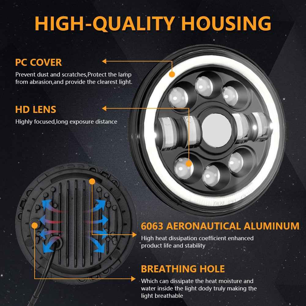 R7 Dual Angel Eye 7 Inch H4 LED Headlight 4 Modes IP67 Waterproof High Low Beam Car Driving Lamp