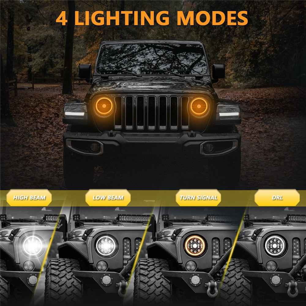 R7 Dual Angel Eye 7 Inch H4 LED Headlight 4 Modes IP67 Waterproof High Low Beam Car Driving Lamp with Connection Cable