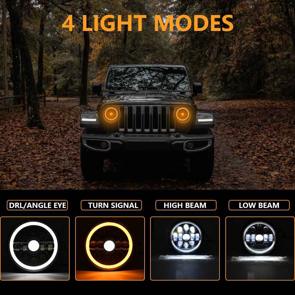 R7 Dual Angel Eye 7 Inch H4 LED Headlight 4 Modes IP67 Waterproof High Low Beam Car Driving Lamp with Connection Cable