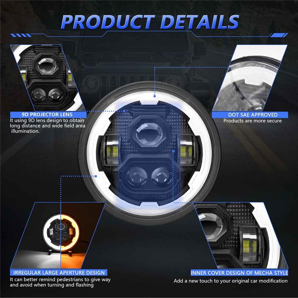 R1 7 Inch Round LED Headlight 4 Modes Off Road Vehicle Headlamp for Motorcycle Classic Cars